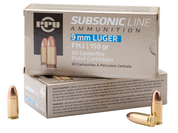 PPU 9mm Luger FMJ Subsonic 158grs